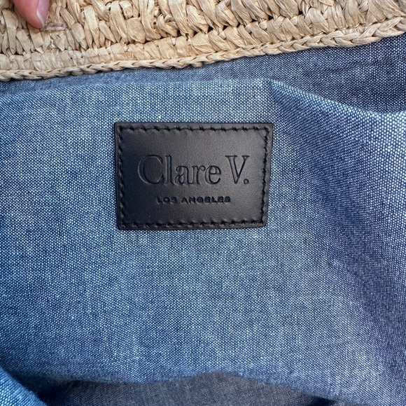 Clare V. Simple Woven Raffia Tote Bag with Yellow Straps and Denim Interior - Picture 10 of 10